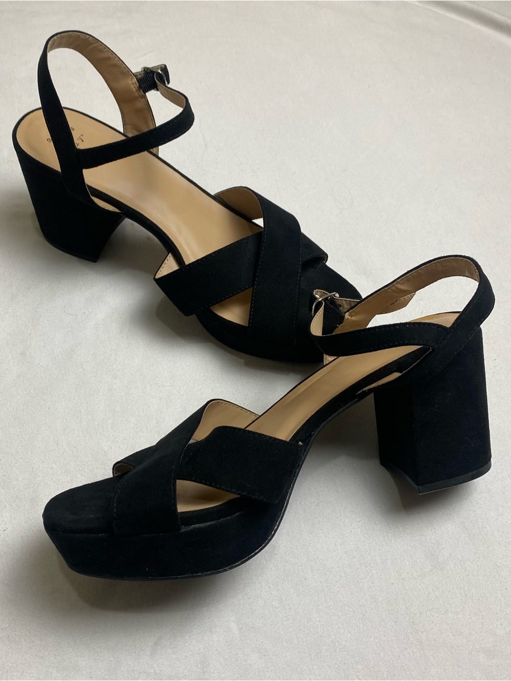 Black Suede Cross-Strap Block Heel Sandals - Women
